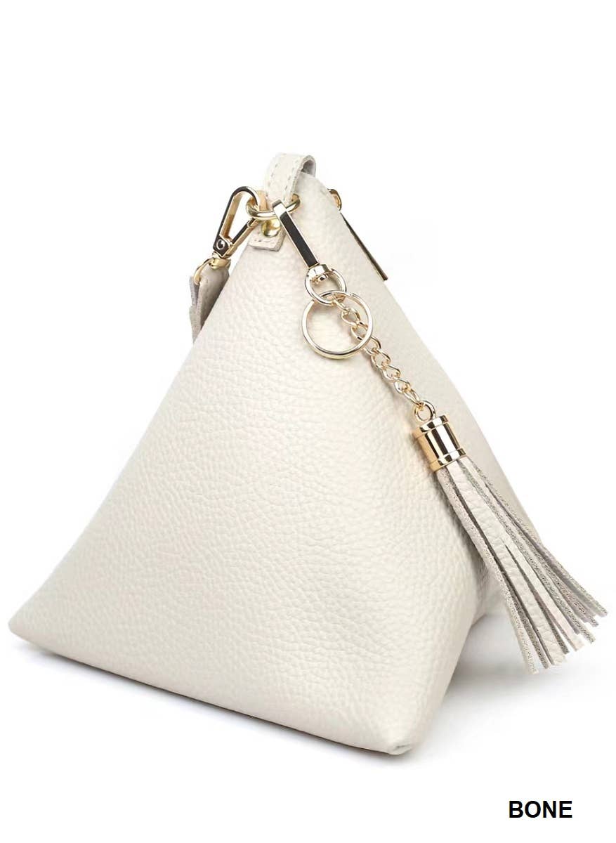 PYRAMID SHAPE TASSEL WRISTLET LEATHER BAG