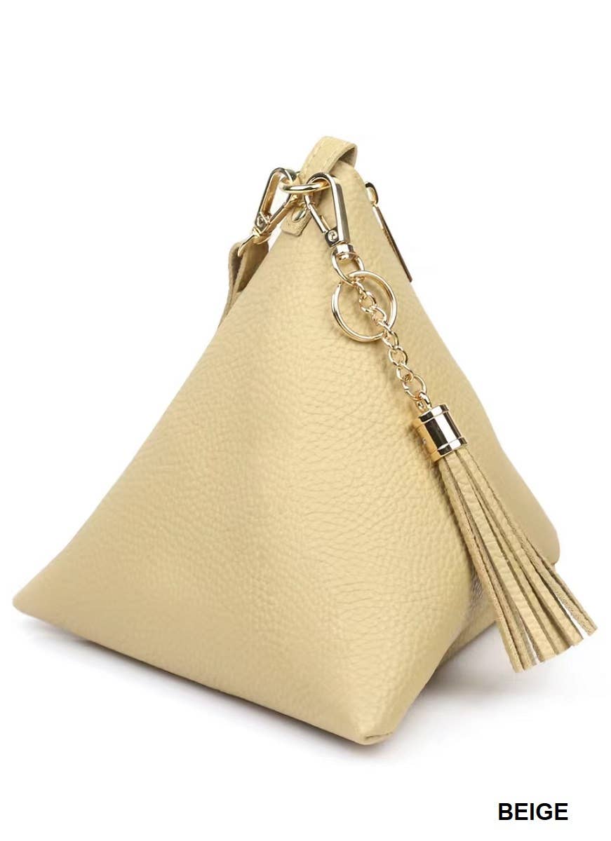 PYRAMID SHAPE TASSEL WRISTLET LEATHER BAG